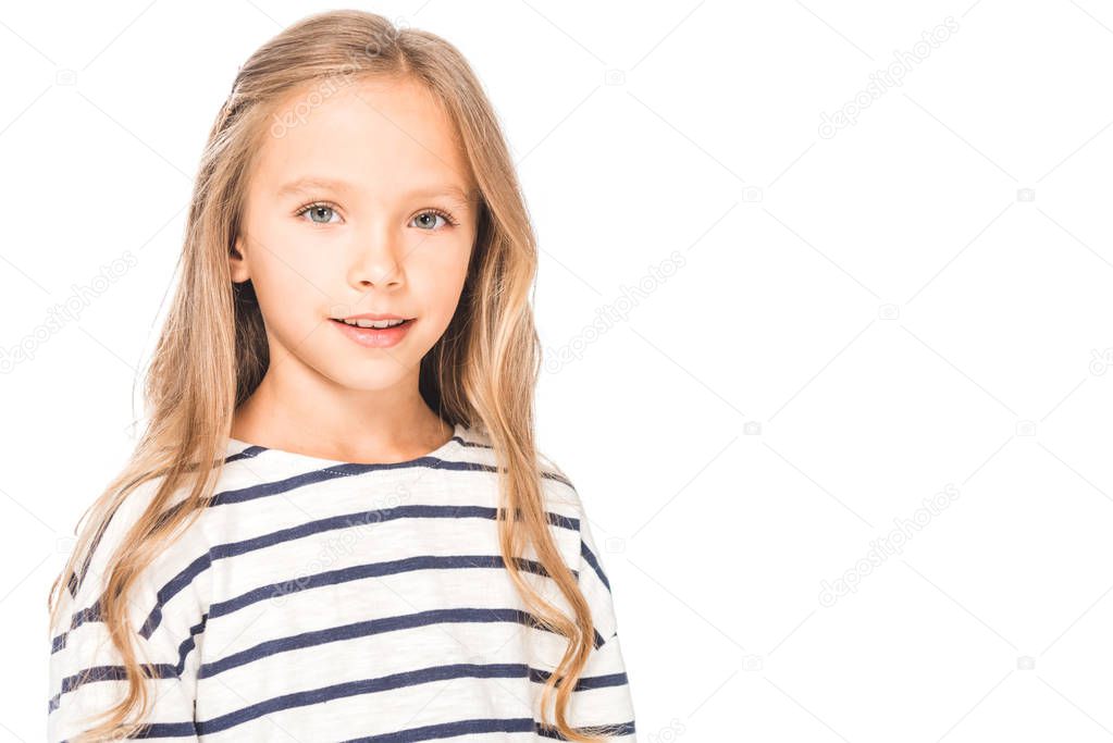 smiling kid in casual outfit isolated on white