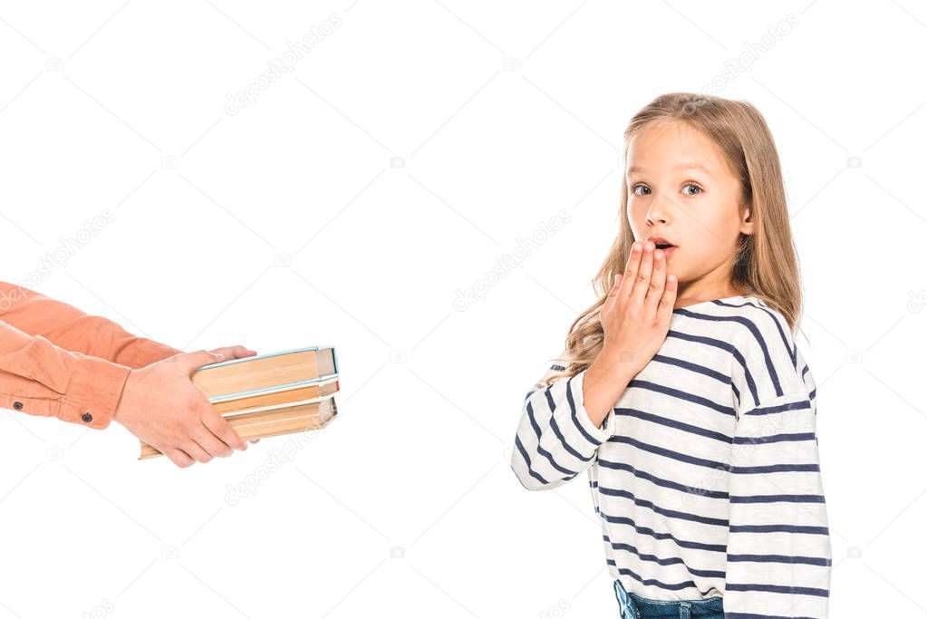 partial view of two kids with books isolated on white
