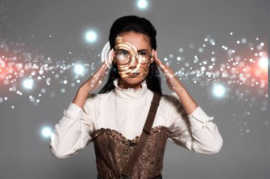 Steampunk kadını gözlüklere dokunuyor. Gri üzerine izole edilmiş dijital resimli.