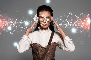 steampunk woman touching glasses isolated on grey with digital illustration clipart