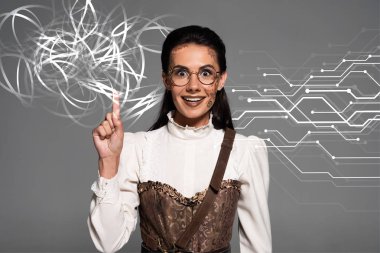 Heyecanlı çekici steampunk kadın parlak resimli gri üzerinde izole fikir işareti gösteriyor.