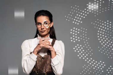 rüya gibi steampunk kadın gözlerini dikti dijital illüstrasyonun yakınına sımsıkı sarılmış ellerle gri renkte izole edilmiş
