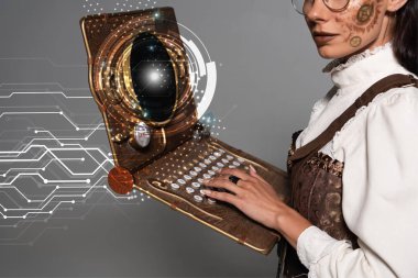 Steampunk kadınının gri renkli, ışıldayan dijital illüstrasyonlu klasik dizüstü bilgisayarı kullandığına dair kırpılmış görüntü