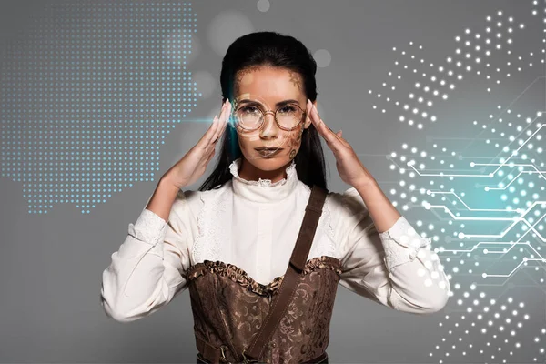 Mujer Steampunk Tocando Gafas Aisladas Gris Con Ilustración Digital — Foto de Stock