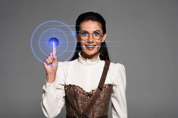 Vooraanzicht Van Opgewonden Aantrekkelijke Steampunk Vrouw Toont Idee Teken Geïsoleerd — Stockfoto