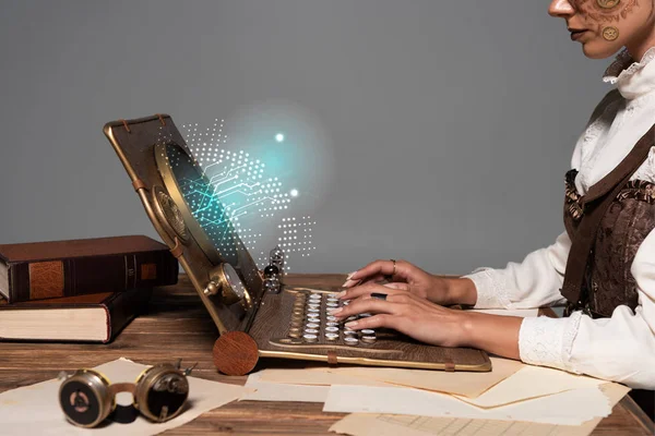 Cropped View Woman Typing Steampunk Laptop Glowing Digital Illustration Table — Stock Photo, Image