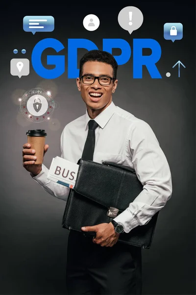 Happy African American Businessman Holding Newspaper Coffee Leather Briefcase Dark — Stock Photo, Image