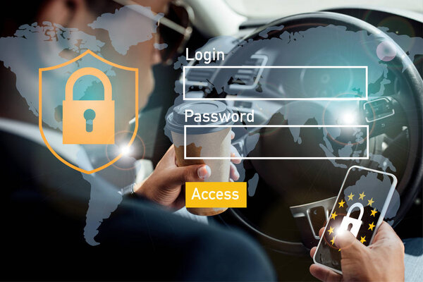 назад взгляд африканского американского бизнесмена, использующего смартфон и пьющего кофе в машине с иллюстрацией безопасного доступа
