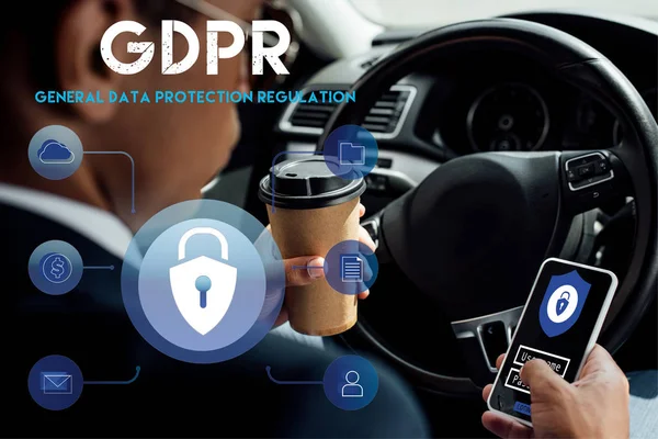 Visão Traseira Empresário Afro Americano Usando Smartphone Com Ilustração Gdpr — Fotografia de Stock