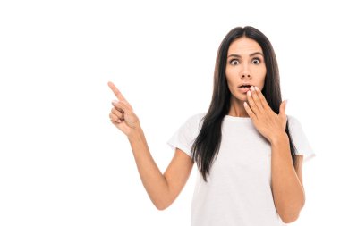 shocked woman pointing with finger isolated on white  clipart