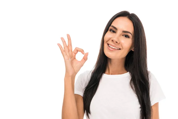 Mulher Feliz Mostrando Sinal Isolado Branco — Fotografia de Stock