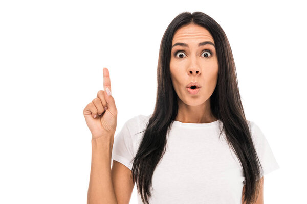 эмоциональная женщина, указывающая пальцем на белый
 