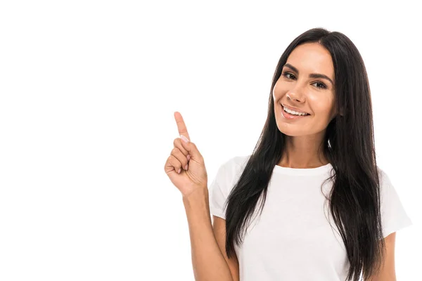Mujer Positiva Señalando Con Dedo Aislado Blanco — Foto de Stock