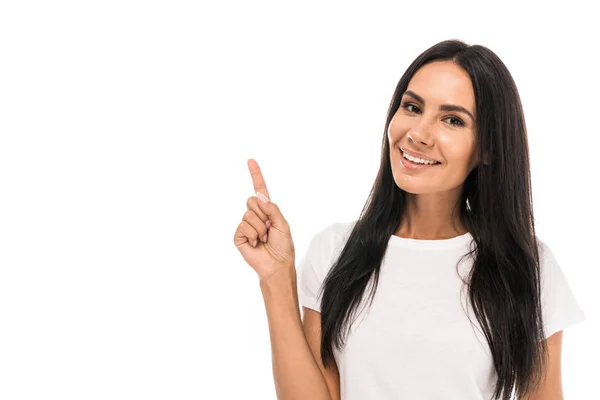 Positive Frau Zeigt Mit Dem Finger Isoliert Auf Weiß — Stockfoto