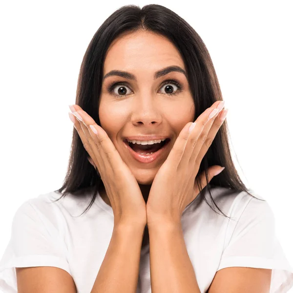 Attractive Excited Woman Looking Camera Isolated White — Stock Photo, Image