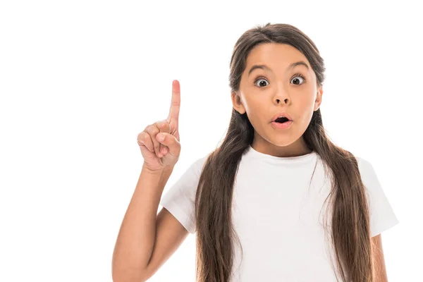 Schattig Kind Gebaren Terwijl Het Hebben Van Idee Geïsoleerd Wit — Stockfoto