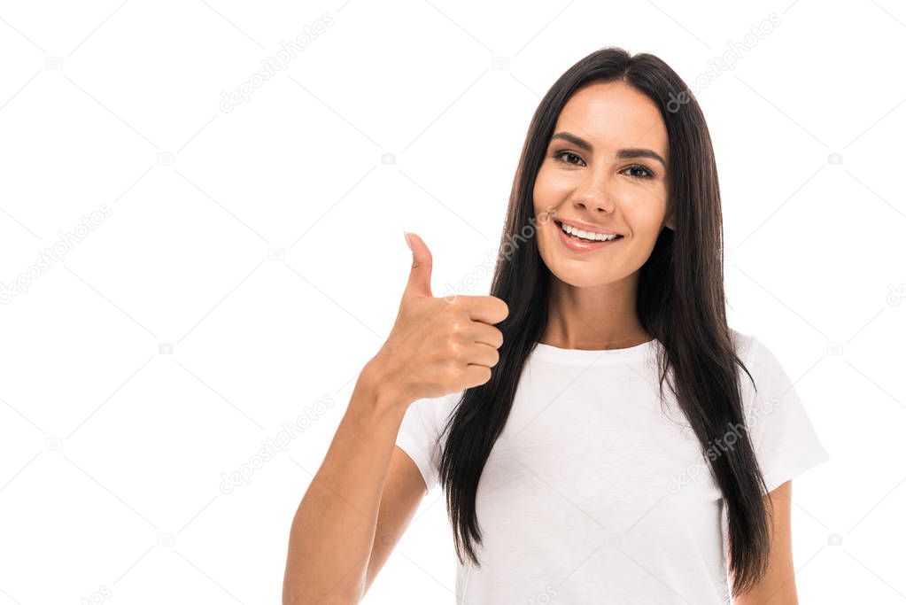 happy woman showing thumb up isolated on white 