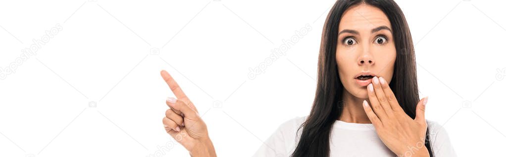 panoramic shot of shocked woman pointing with finger isolated on white 