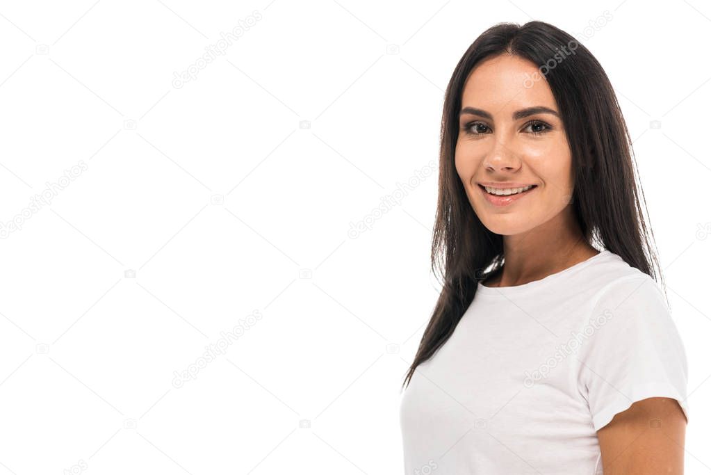 happy woman smiling while looking at camera isolated on white 