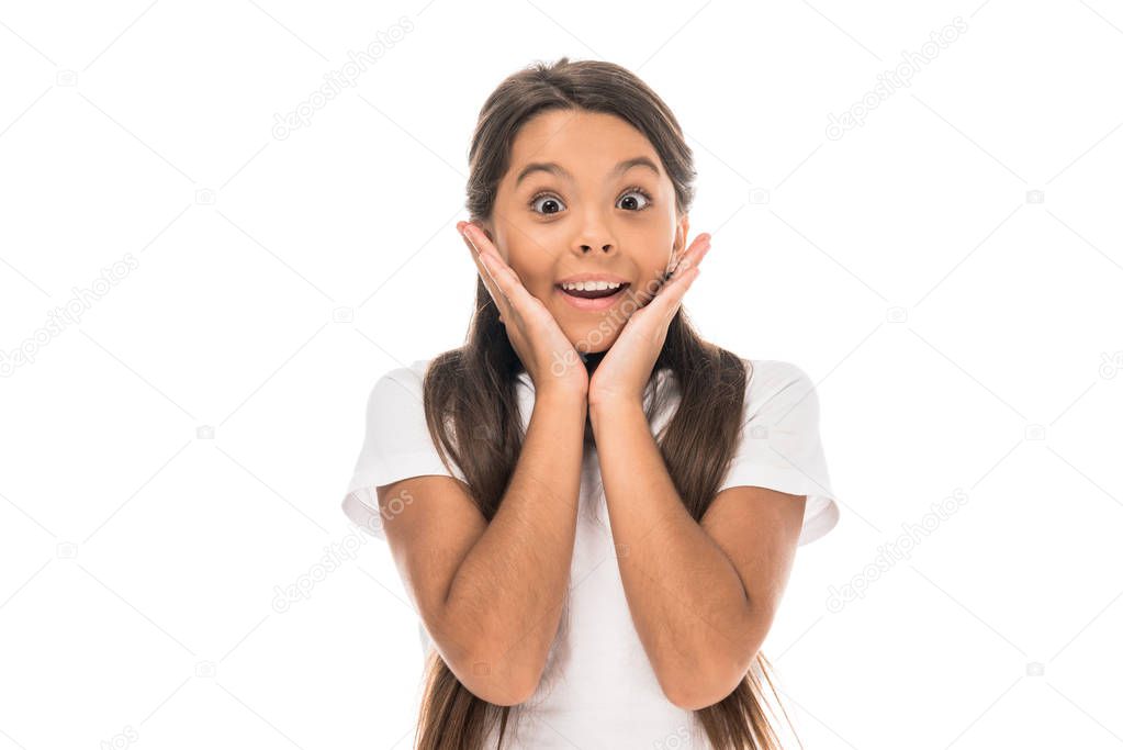 happy kid touching face isolated on white