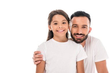 happy father hugging kid and smiling isolated on white clipart
