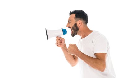 side view of angry man with clenched fist screaming in megaphone isolated on white  clipart