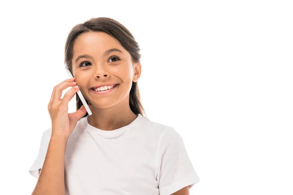 Niño Feliz Lindo Hablando Teléfono Inteligente Aislado Blanco — Foto de Stock