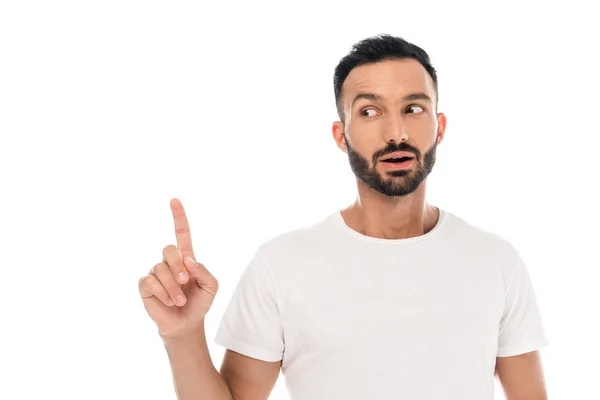 Surprised Bearded Man Pointing Finger Isolated White — Stock Photo, Image