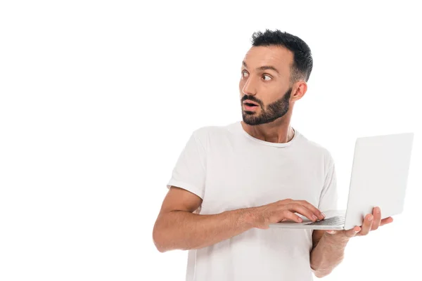 Shocked Bearded Man Holding Laptop Isolated White — Stock Photo, Image