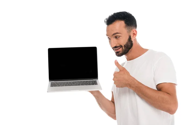 Happy Bearded Man Showing Thumb Looking Laptop Blank Screen Isolated — Stock Photo, Image