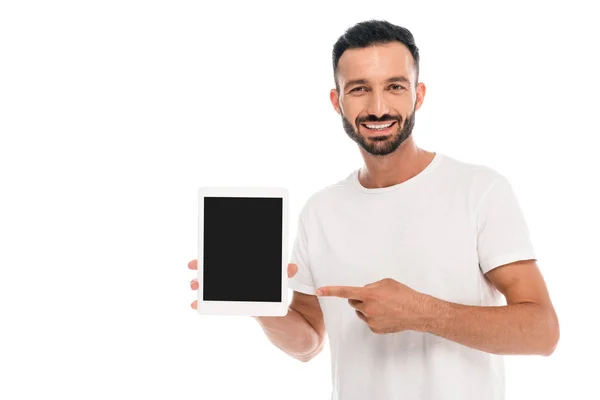 Cheerful Bearded Man Pointing Finger Digital Tablet Blank Screen Isolated — ストック写真