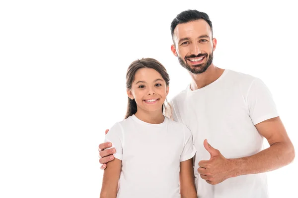Happy Father Hugging Cute Kid Showing Thumb Isolated White — Stock Photo, Image