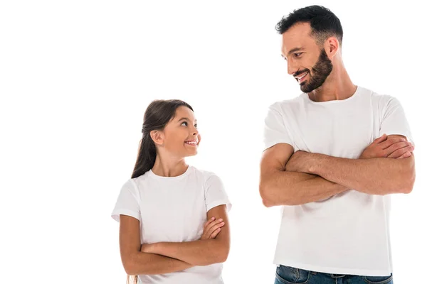 Cheerful Father Daughter Standing Crossed Arms Isolate Don White — Stock Photo, Image