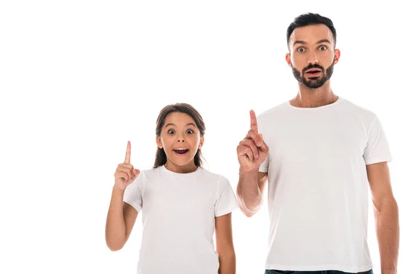 Surprised Father Excited Kid Pointing Finger Isolated White — Stock Photo, Image