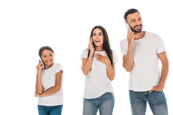 Niño Feliz Padres Alegres Hablando Teléfonos Inteligentes Aislados Blanco — Foto de Stock