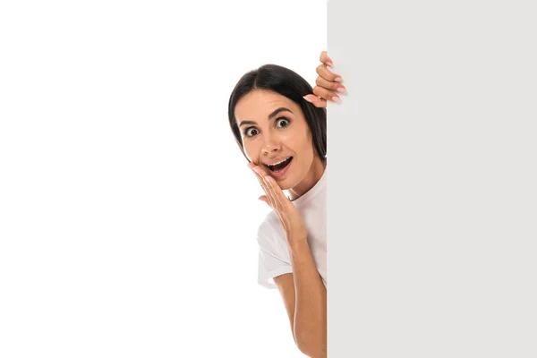 Excited Woman Touching Face Holding Placard Isolated White — Stock Photo, Image