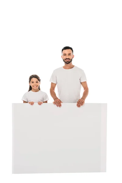 Feliz Padre Hija Sosteniendo Cartel Aislado Blanco — Foto de Stock