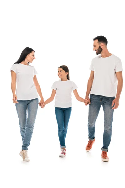 Niño Alegre Cogido Mano Con Los Padres Aislados Blanco — Foto de Stock