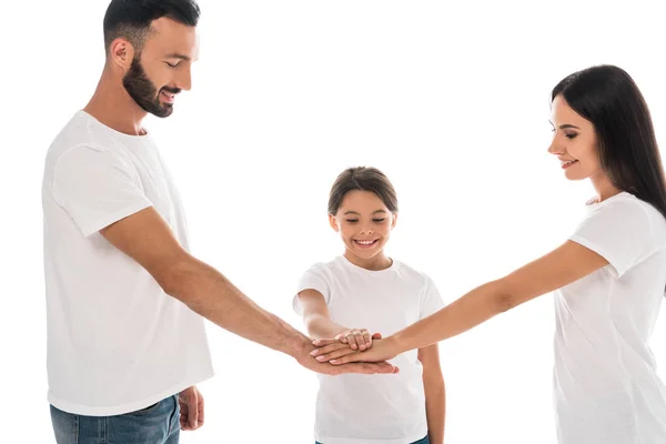 Ευτυχισμένη Οικογένεια Βάζοντας Χέρια Μαζί Απομονώνονται Λευκό — Φωτογραφία Αρχείου