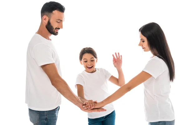 Família Positiva Juntando Mãos Isoladas Branco — Fotografia de Stock
