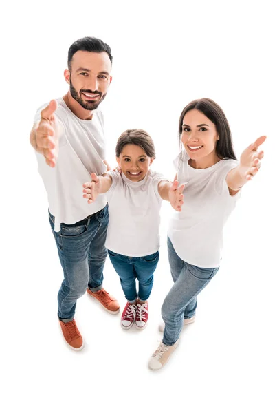 Nad Głową Widok Szczęśliwych Rodziców Dziecko Gestykulując Izolowane Białym — Zdjęcie stockowe