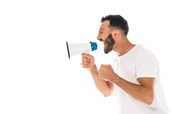 Vista Lateral Homem Com Raiva Com Punho Cerrado Gritando Megafone — Fotografia de Stock