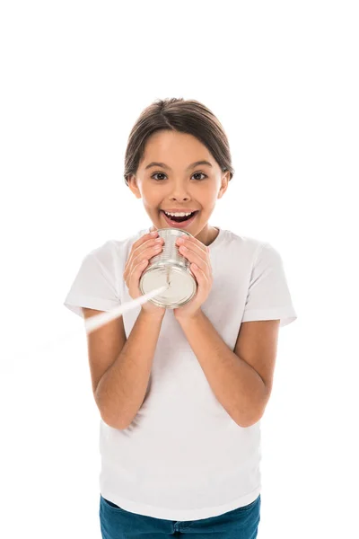 Cheerful Kid Holding Tin Can While Talking Isolated White — Stock Photo, Image