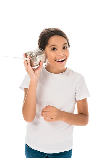 Cheerful Kid Holding Tin Can Ear Isolated White — Stock Photo, Image