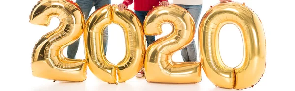 Panoramic Shot Parents Kid Standing Air Balloons Isolated White — Stock Photo, Image