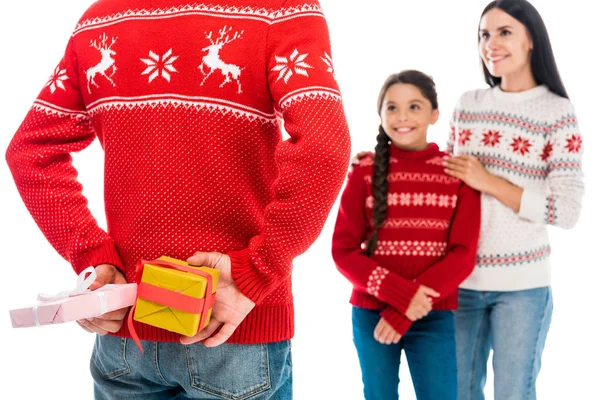 Cropped View Man Holding Presents Wife Daughter Isolated White — Stock Photo, Image