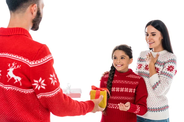Bearded Man Giving Presents Wife Daughter Isolated White — Stock Photo, Image
