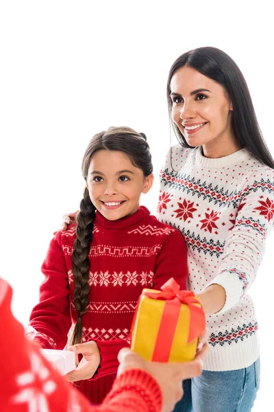 Cropped View Man Giving Presents Happy Wife Daughter Isolated White — Stock Photo, Image