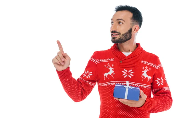 Happy Bearded Man Holding Present Pointing Finger Isolated White — Stock Photo, Image