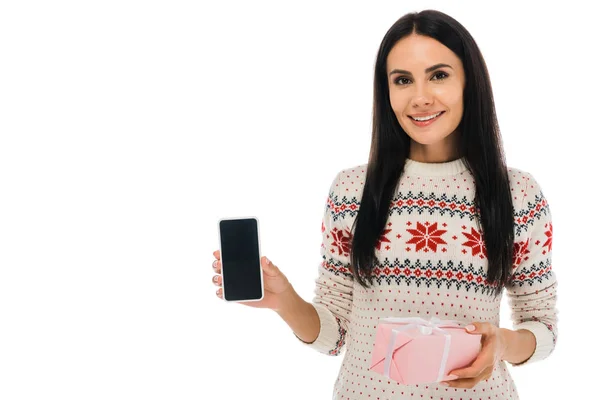 Happy Woman Sweater Holding Smartphone Blank Screen Present Isolated White — Stock Photo, Image